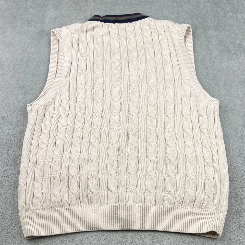 J.‎ Crew XXL 100% Organic Cotton Ivory Cable Knit Vest with Navy and Red Trim